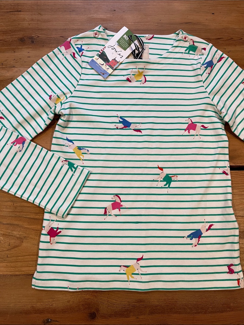 New! JOULES 9 Harbour Green Stripe Horse Print Long Sleeve Top